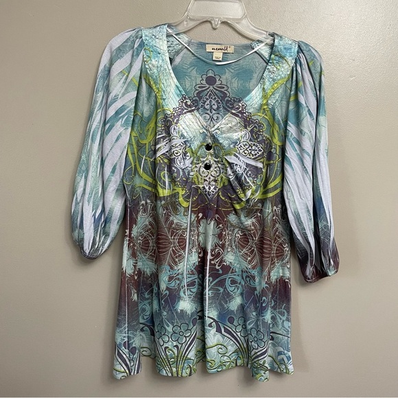 ONE WORLD Tops - Women's One World Large Boho 3/4 bubble sleeve blouse blue green art to wear